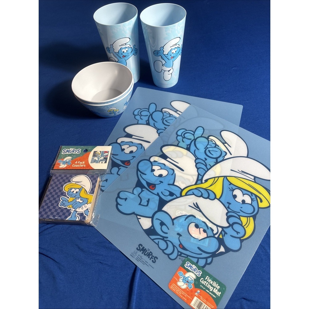 SMURFS 2 Cereal Bowl, 2 Cups, 2 Placemats & 4 Pk Coasters 80's Themed New